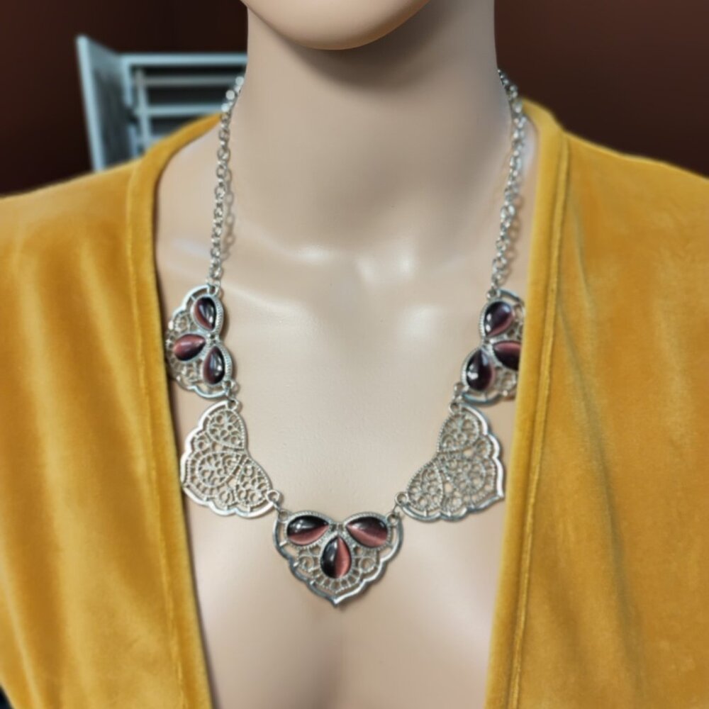 Silver Filigree Heart Statement Necklace | Burgundy Stone Gothic Necklace